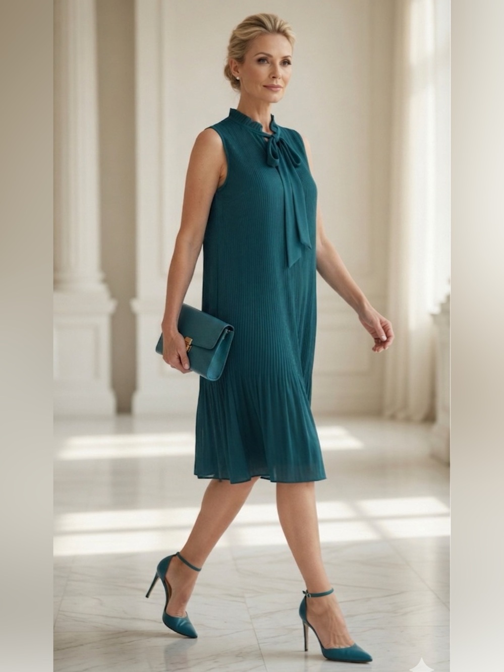 DKNY Teal Sleeveless Pleated Tie-Neck Midi Dress NWT Sz 10 Emerald See
